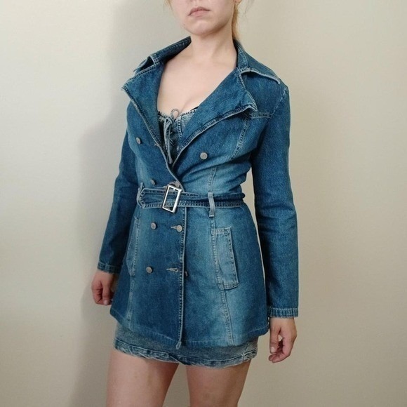 Vintage 90s long denim pea coat/jacket - Picture 3 of 8